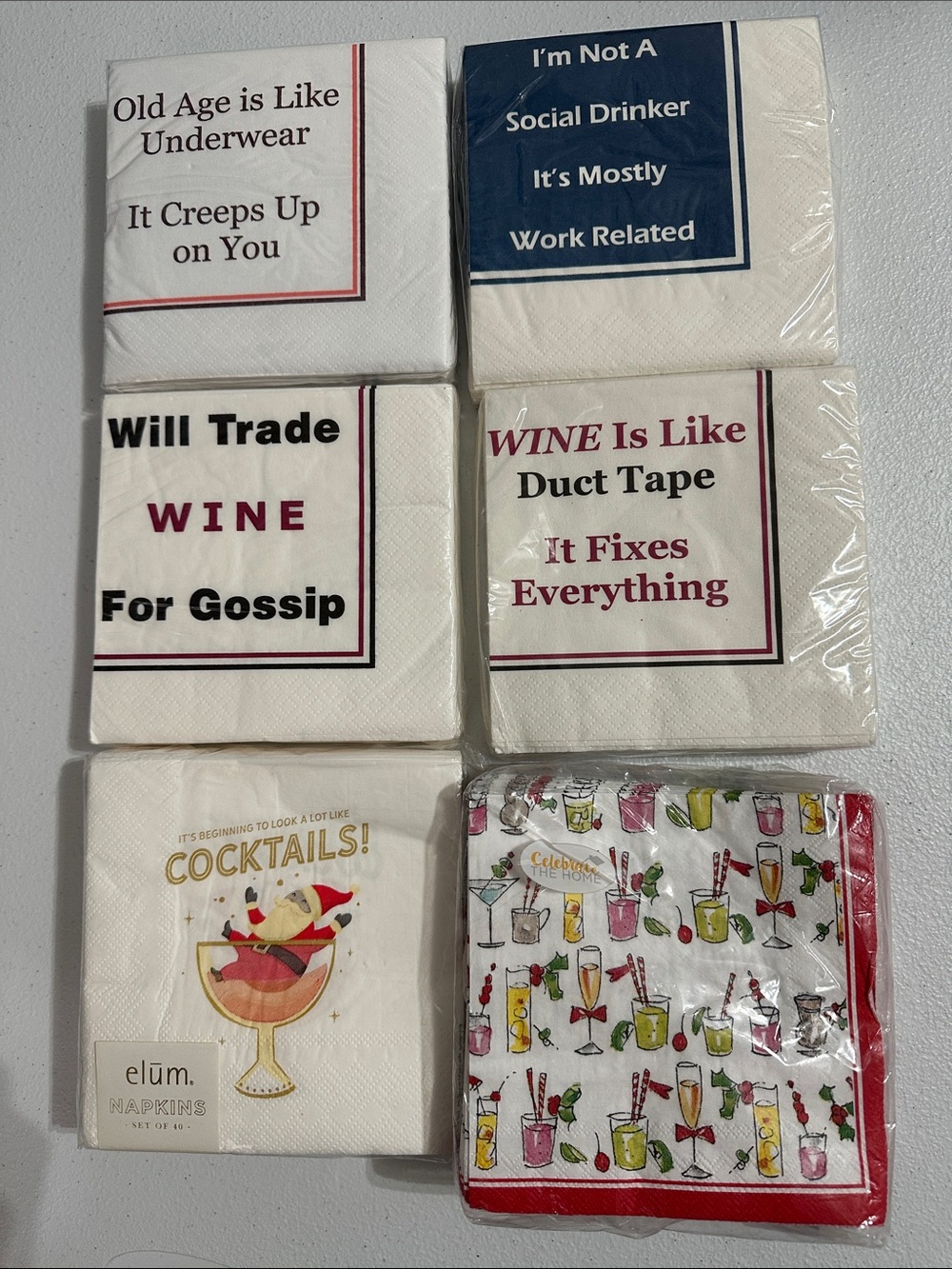 Cocktail & Wine Printed Beverage Napkins - White with Red, Blue, Pink Accents